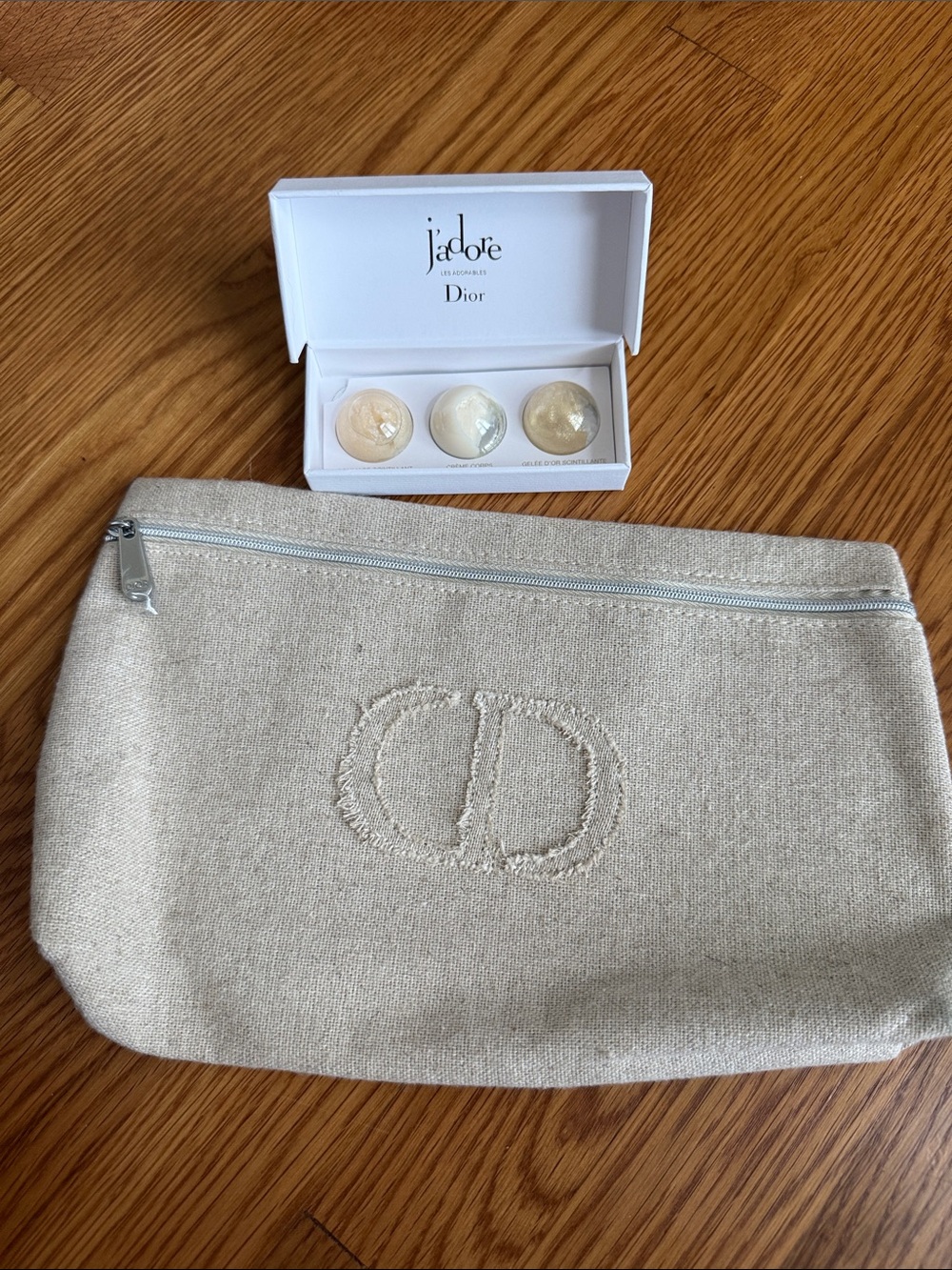 Dior Beige Canvas Cosmetic Bag and set of 3 samples